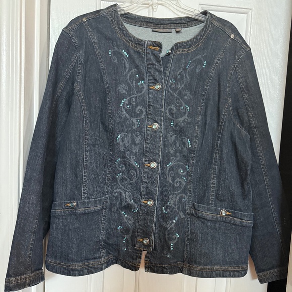 Amber Sun Denim Jacket with Turquoise Rhinestone Detailing SZ XL - Picture 1 of 11